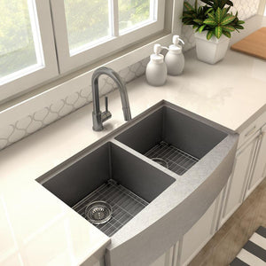 ZLINE Gemini Pull Down Single Handle Kitchen Faucet in Gun Metal (GEM-KF-GM) in a farmhouse kitchen, above.