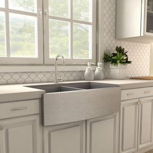 ZLINE Renoir Single Handle Kitchen Faucet in Brushed Nickel (REN-KF-BN) in a farmhouse kitchen, side.