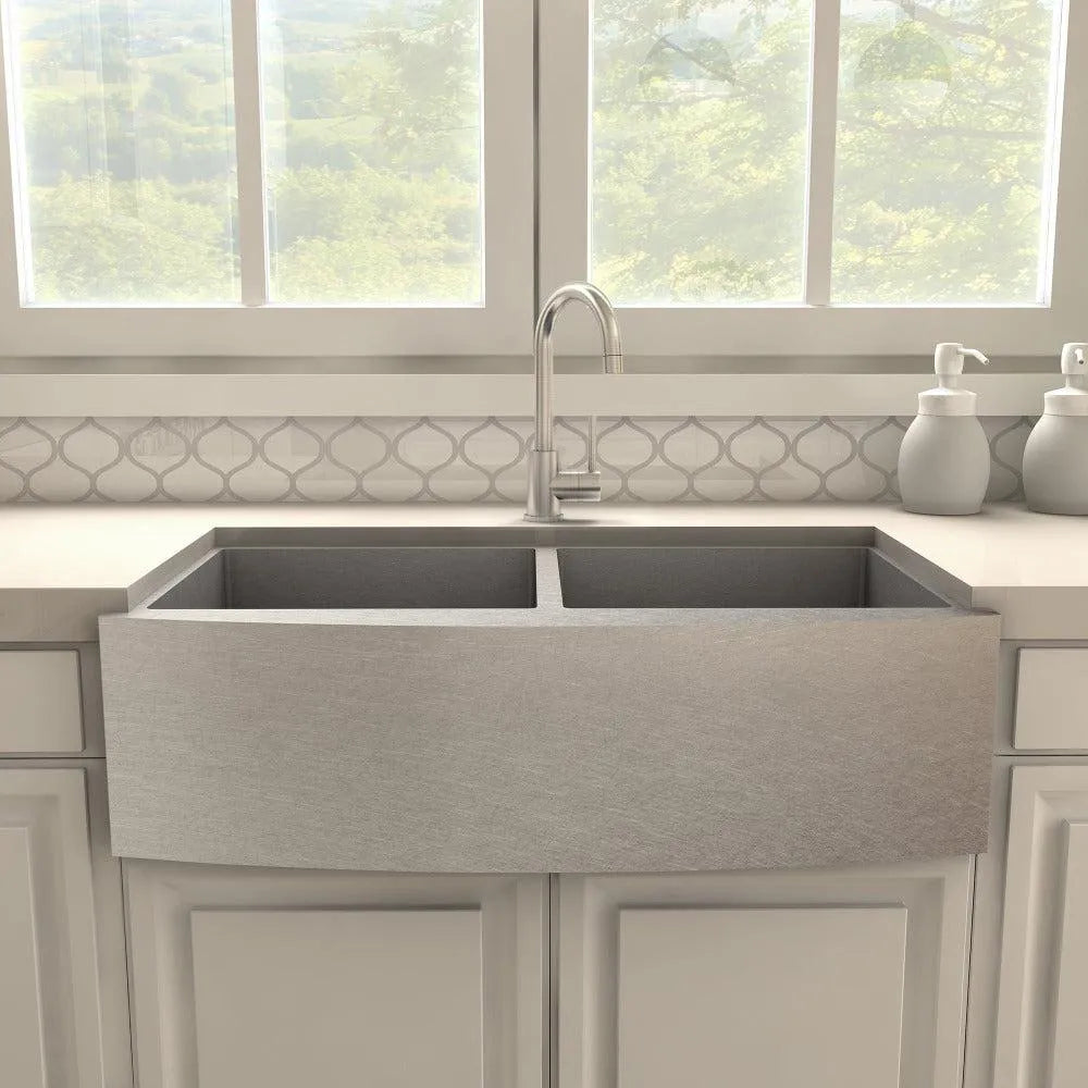 ZLINE Renoir Single Handle Kitchen Faucet in Brushed Nickel (REN-KF-BN) in a farmhouse kitchen, front.
