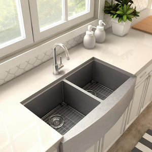 ZLINE Renoir Single Handle Kitchen Faucet in Brushed Nickel (REN-KF-BN) in a farmhouse kitchen, above.