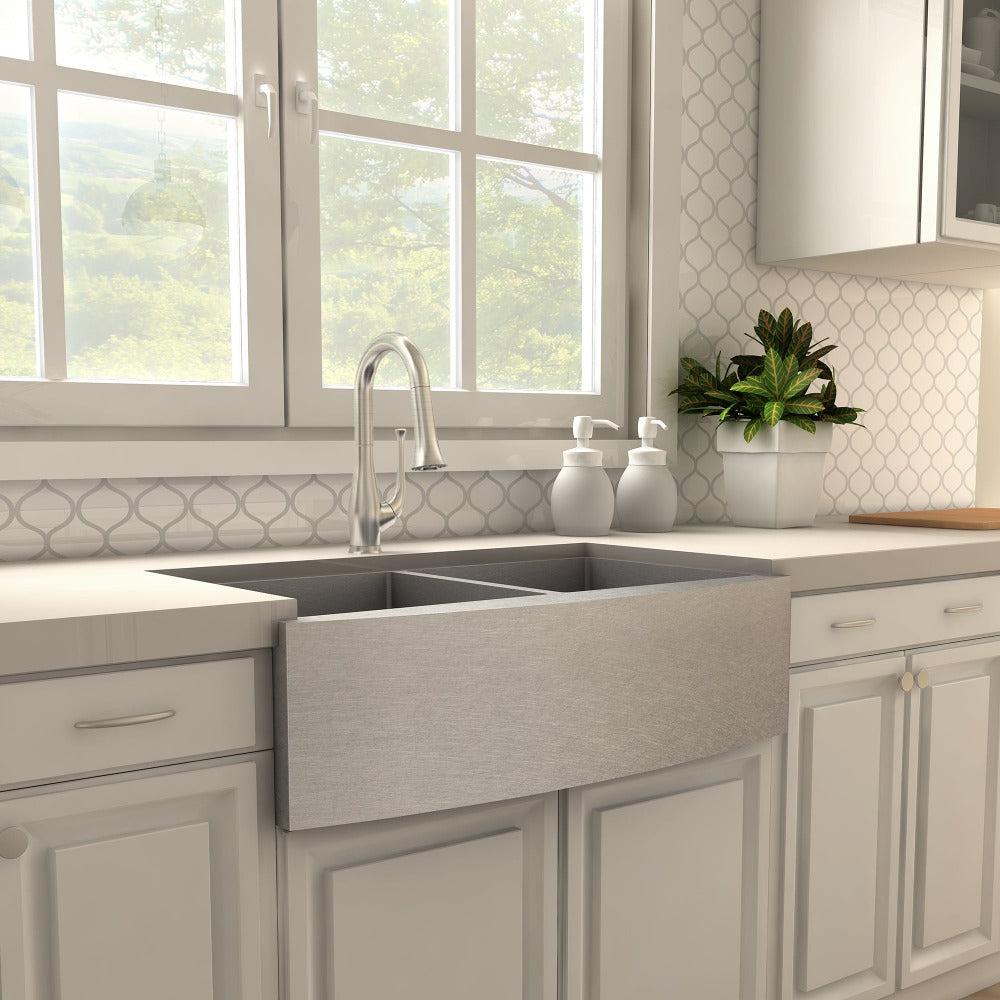 ZLINE Shakespeare Kitchen Faucet in Brushed Nickel (SHK-KF-BN) in a farmhouse kitchen, side.