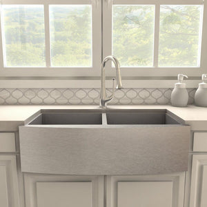 ZLINE Shakespeare Kitchen Faucet in Brushed Nickel (SHK-KF-BN) in a farmhouse kitchen, front.