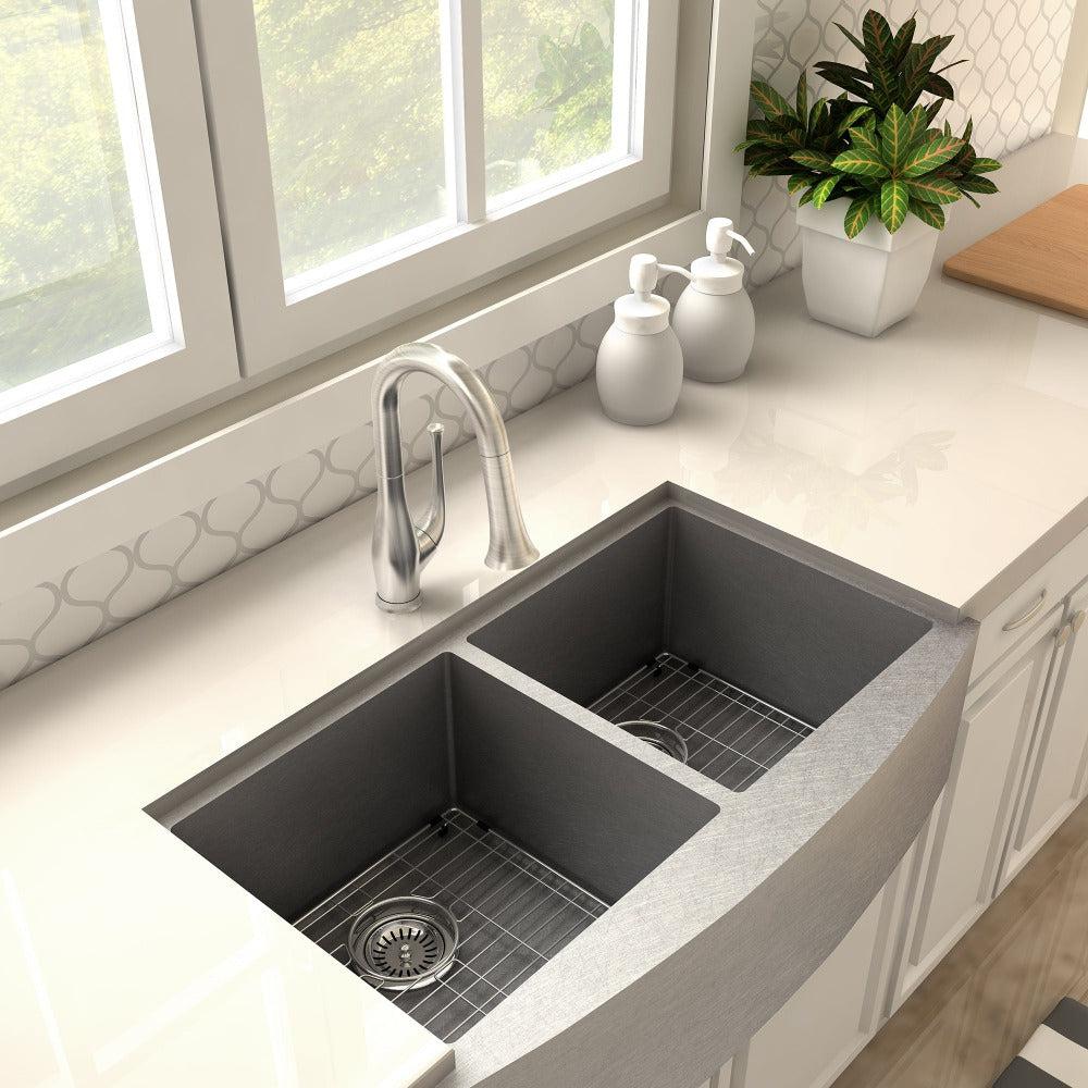 ZLINE Shakespeare Kitchen Faucet in Brushed Nickel (SHK-KF-BN) in a farmhouse kitchen, above.