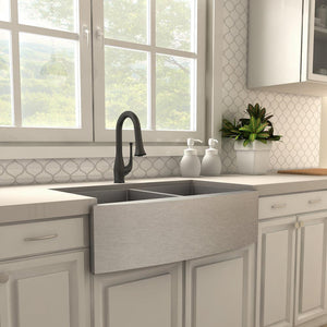 ZLINE Shakespeare Pull Down Kitchen Faucet in Matte Black (SHK-KF-MB) in a farmhouse kitchen, side.