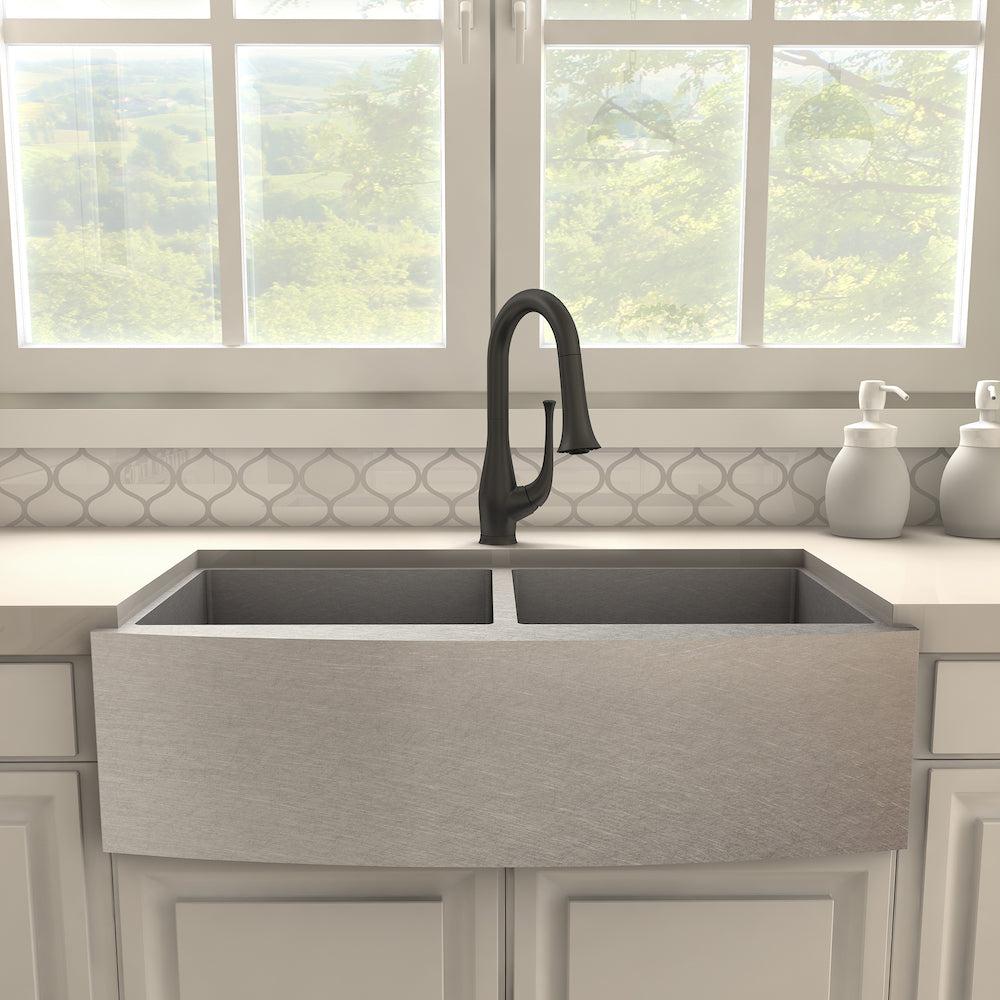 ZLINE Shakespeare Pull Down Kitchen Faucet in Matte Black (SHK-KF-MB) in a farmhouse kitchen, front.