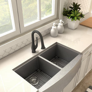 ZLINE Shakespeare Pull Down Kitchen Faucet in Matte Black (SHK-KF-MB) in a farmhouse kitchen, above.