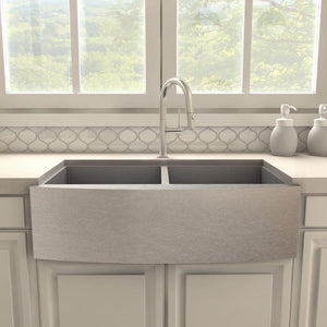 ZLINE Voltaire Kitchen Faucet in Brushed Nickel (VLT-KF-BN) in a farmhouse kitchen, front.