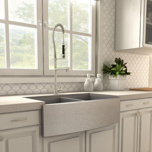 ZLINE Van Gogh Pull Down Spring Kitchen Faucet with Pot Filler in Brushed Nickel (VNG-KF-BN) in a farmhouse kitchen, side.