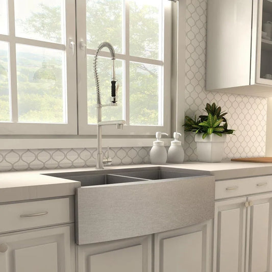 ZLINE Van Gogh Pull Down Spring Kitchen Faucet with Pot Filler in Brushed Nickel (VNG-KF-BN) in a farmhouse kitchen, side.