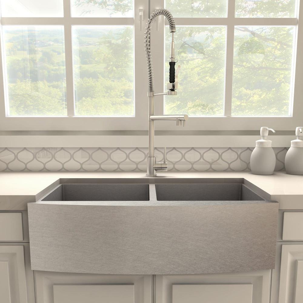 ZLINE Van Gogh Kitchen Faucet in Brushed Nickel (VNG-KF-BN) in a farmhouse kitchen, front.