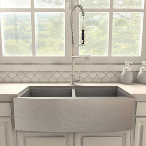 ZLINE Van Gogh Pull Down Spring Kitchen Faucet with Pot Filler in Brushed Nickel (VNG-KF-BN) in a farmhouse kitchen, front.