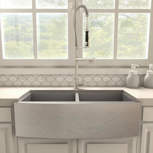 ZLINE Van Gogh Pull Down Spring Kitchen Faucet with Pot Filler in Brushed Nickel (VNG-KF-BN) in a farmhouse kitchen, front.