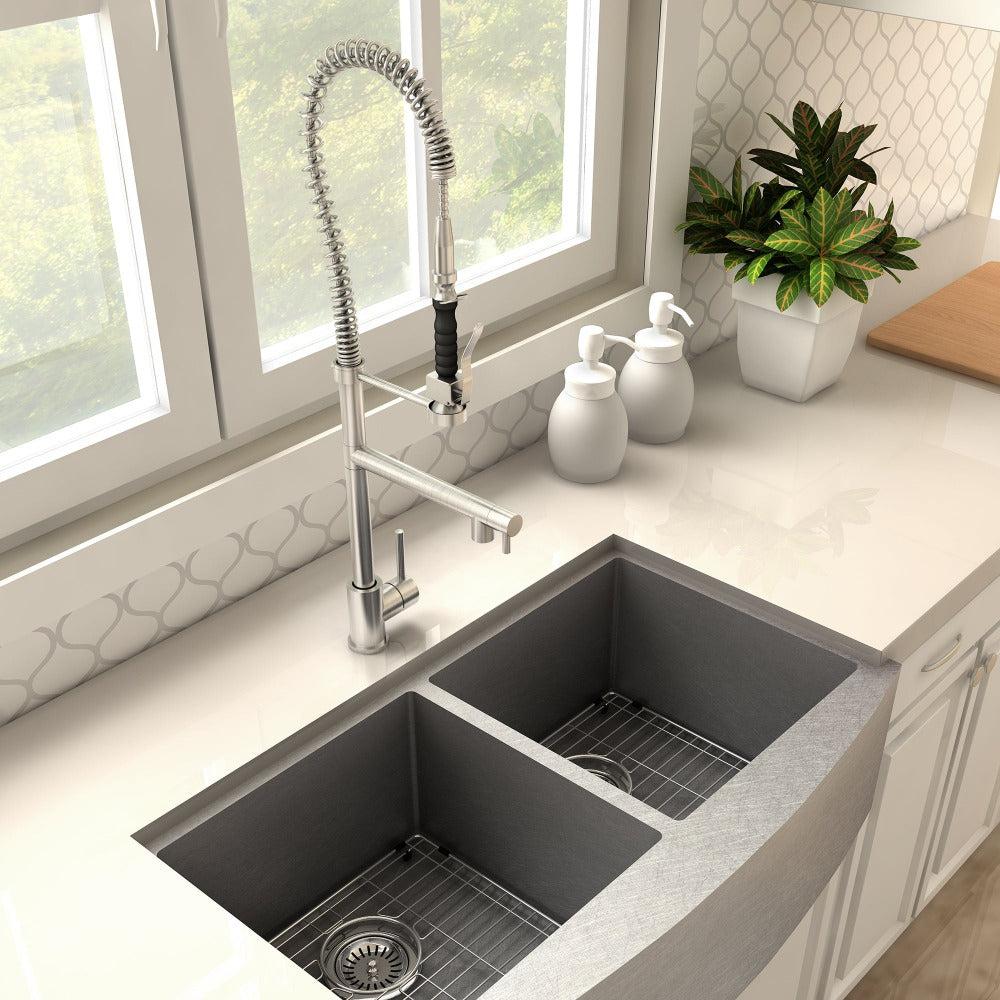 ZLINE Van Gogh Kitchen Faucet in Brushed Nickel (VNG-KF-BN) in a farmhouse kitchen, above.