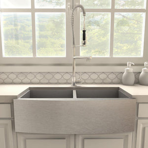 ZLINE Van Gogh Pull Down Spring Kitchen Faucet with Pot Filler in Chrome (VNG-KF-CH) in a farmhouse kitchen, front.