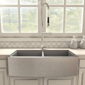 ZLINE Van Gogh Pull Down Spring Kitchen Faucet with Pot Filler in Chrome (VNG-KF-CH) in a farmhouse kitchen, front.
