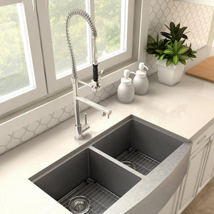 ZLINE Van Gogh Pull Down Spring Kitchen Faucet with Pot Filler in Chrome (VNG-KF-CH) in a farmhouse kitchen, above.