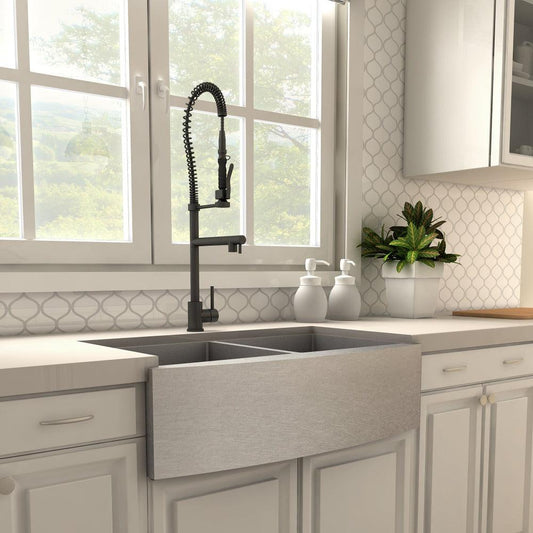 ZLINE Van Gogh Pull Down Spring Kitchen Faucet with Pot Filler in Matte Black (VNG-KF-MB) in a farmhouse kitchen, side.
