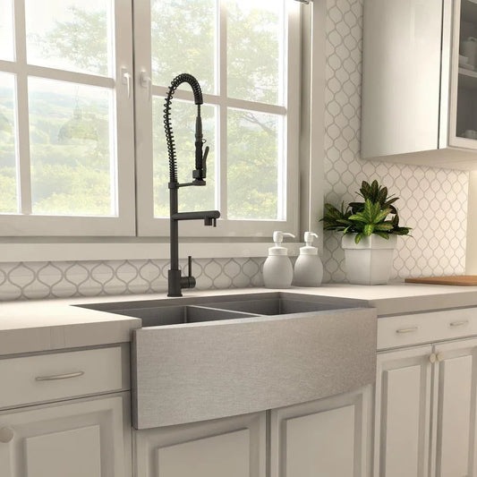 ZLINE Van Gogh Pull Down Spring Kitchen Faucet with Pot Filler in Matte Black (VNG-KF-MB) in a farmhouse kitchen, side.