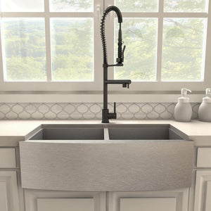 ZLINE Van Gogh Pull Down Spring Kitchen Faucet with Pot Filler in Matte Black (VNG-KF-MB) in a farmhouse kitchen, front.