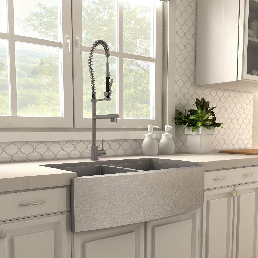 ZLINE Van Gogh Kitchen Faucet in Gun Metal (VNG-KF-GM) in a farmhouse kitchen, side.