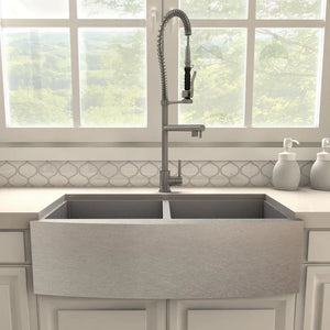 ZLINE Van Gogh Pull Down Spring Kitchen Faucet with Pot Filler in Gun Metal (VNG-KF-GM) in a farmhouse kitchen, front.