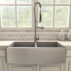 ZLINE Van Gogh Kitchen Faucet in Gun Metal (VNG-KF-GM) in a farmhouse kitchen, front.