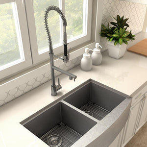ZLINE Van Gogh Pull Down Spring Kitchen Faucet with Pot Filler in Gun Metal (VNG-KF-GM) in a farmhouse kitchen, above.