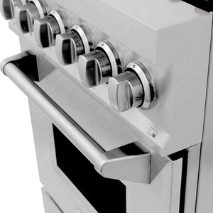 ZLINE 24 in. 2.8 cu. ft. Legacy Dual Fuel Range with Gas Cooktop and Electric Convection Oven in Satin Stainless Steel with 4 Brass Burners (RAS-SN-BR-24) knobs.