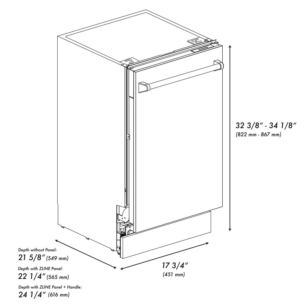 ZLINE 18 in. Tallac Series 3rd Rack Top Control Dishwasher with a Stainless Steel Tub with Copper Panel, 51dBa (DWV-C-18) dimensional measurements.