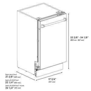 ZLINE Autograph Edition 18 in. Compact 3rd Rack Top Control Dishwasher in White Matte with Polished Gold Accent Handle, 51dBa (DWVZ-WM-18-G) dimensional measurements.