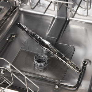 ZLINE 24 in. Top Control Dishwasher with Stainless Steel Panel and Modern Style Handle, 52dBa (DW-304-24) bottom spray arm and stainless steel tub.