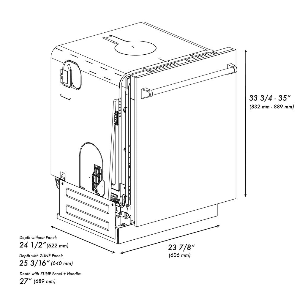 ZLINE 24 in. Monument Series 3rd Rack Top Touch Control Dishwasher with Copper Panel, 45dBa (DWMT-C-24) dimensional diagram.