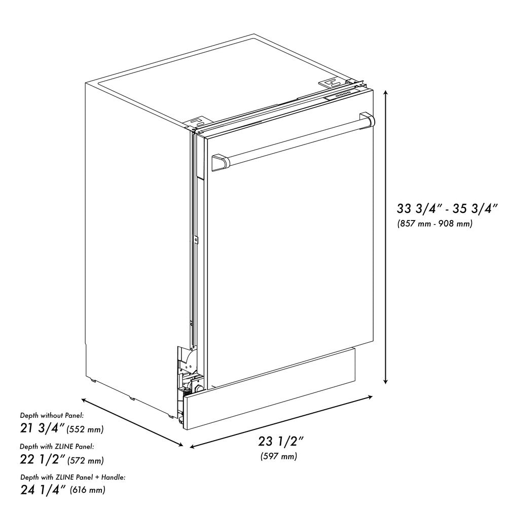 ZLINE 24" Tallac Series 3rd Rack Dishwasher with White Matte Panel and Traditional Handle, 51dBa (DWV-WM-24) dimensional diagram.