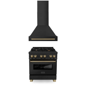 ZLINE Autograph Edition 30 in. Kitchen Package with Black Stainless Steel Dual Fuel Range and Range Hood with Champagne Bronze Accents (2AKP-RABRH30-CB) 