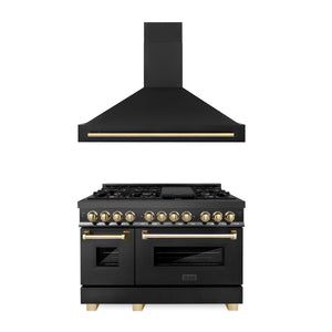 ZLINE Autograph Edition 48 in. Kitchen Package with Black Stainless Steel Dual Fuel Range and Range Hood with Polished Gold Accents (2AKP-RABRH48-G) 