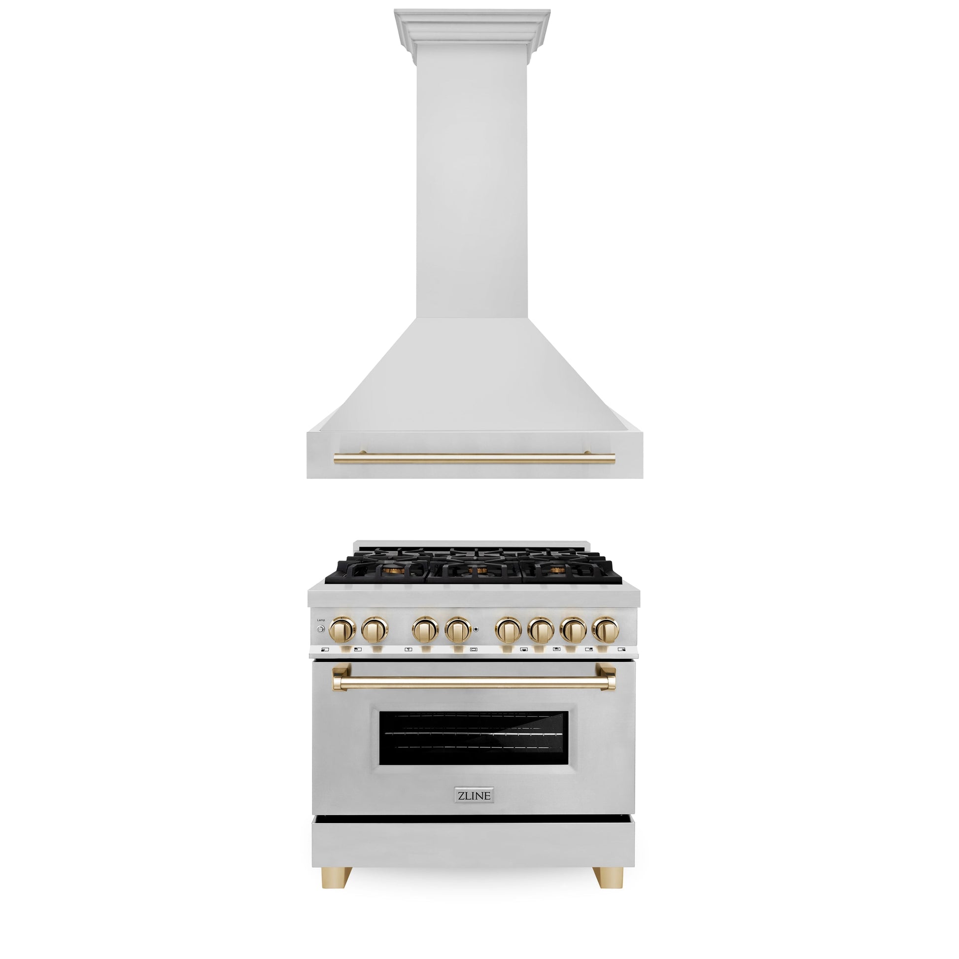 ZLINE Autograph Edition 36 in. Kitchen Package with Stainless Steel Dual Fuel Range and Range Hood with Polished Gold Accents (2AKP-RARH36-G) 