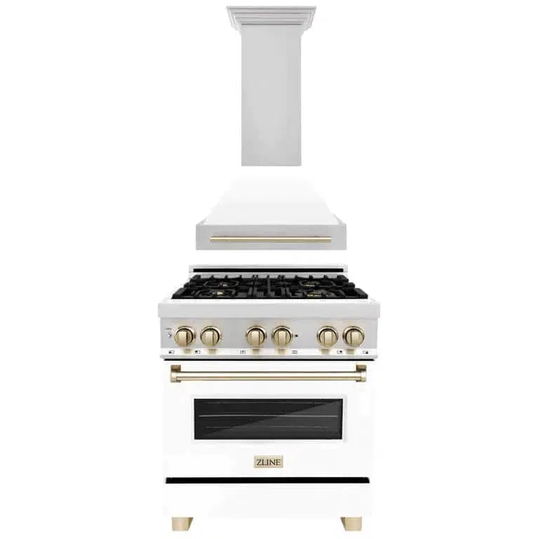 ZLINE Autograph Edition 30 in. Kitchen Package with Stainless Steel Dual Fuel Range with White Matte Door and Range Hood with Polished Gold Accents (2AKP-RAWMRH30-G) 