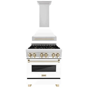 ZLINE Autograph Edition 30 in. Kitchen Package with Stainless Steel Dual Fuel Range with White Matte Door and Range Hood with Polished Gold Accents (2AKP-RAWMRH30-G) 