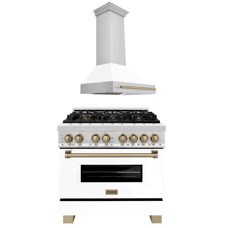 ZLINE Autograph Edition 36 in. Kitchen Package with Stainless Steel Dual Fuel Range with White Matte Door and Range Hood with Champagne Bronze Accents (2AKP-RAWMRH36-CB) 