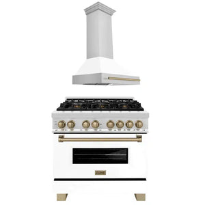 ZLINE Autograph Edition 36 in. Kitchen Package with Stainless Steel Dual Fuel Range with White Matte Door and Range Hood with Champagne Bronze Accents (2AKP-RAWMRH36-CB) 