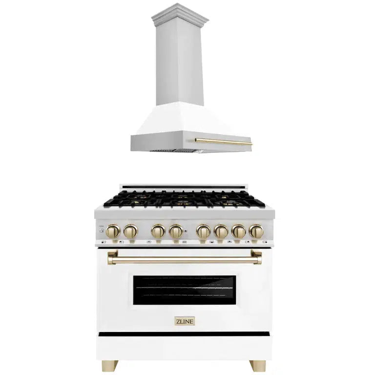 ZLINE Autograph Edition 36 in. Kitchen Package with Stainless Steel Dual Fuel Range with White Matte Door and Range Hood with Polished Gold Accents (2AKP-RAWMRH36-G) 