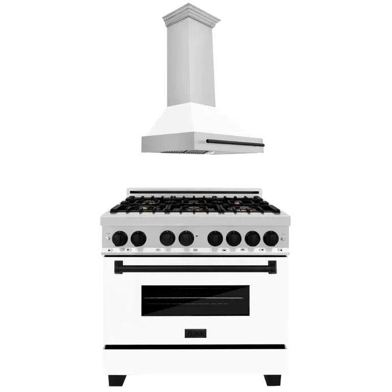 ZLINE Autograph Edition 36 in. Kitchen Package with Stainless Steel Dual Fuel Range with White Matte Door and Range Hood with Matte Black Accents (2AKP-RAWMRH36-MB) 