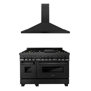 ZLINE 48 in. Kitchen Package with Black Stainless Steel Dual Fuel Range and Convertible Vent Range Hood (2KP-RABRH48) front.