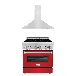 ZLINE 30 in. Kitchen Package with Satin Stainless Steel Dual Fuel Range with Red Matte Door and Convertible Vent Range Hood (2KP-RARMRH30)