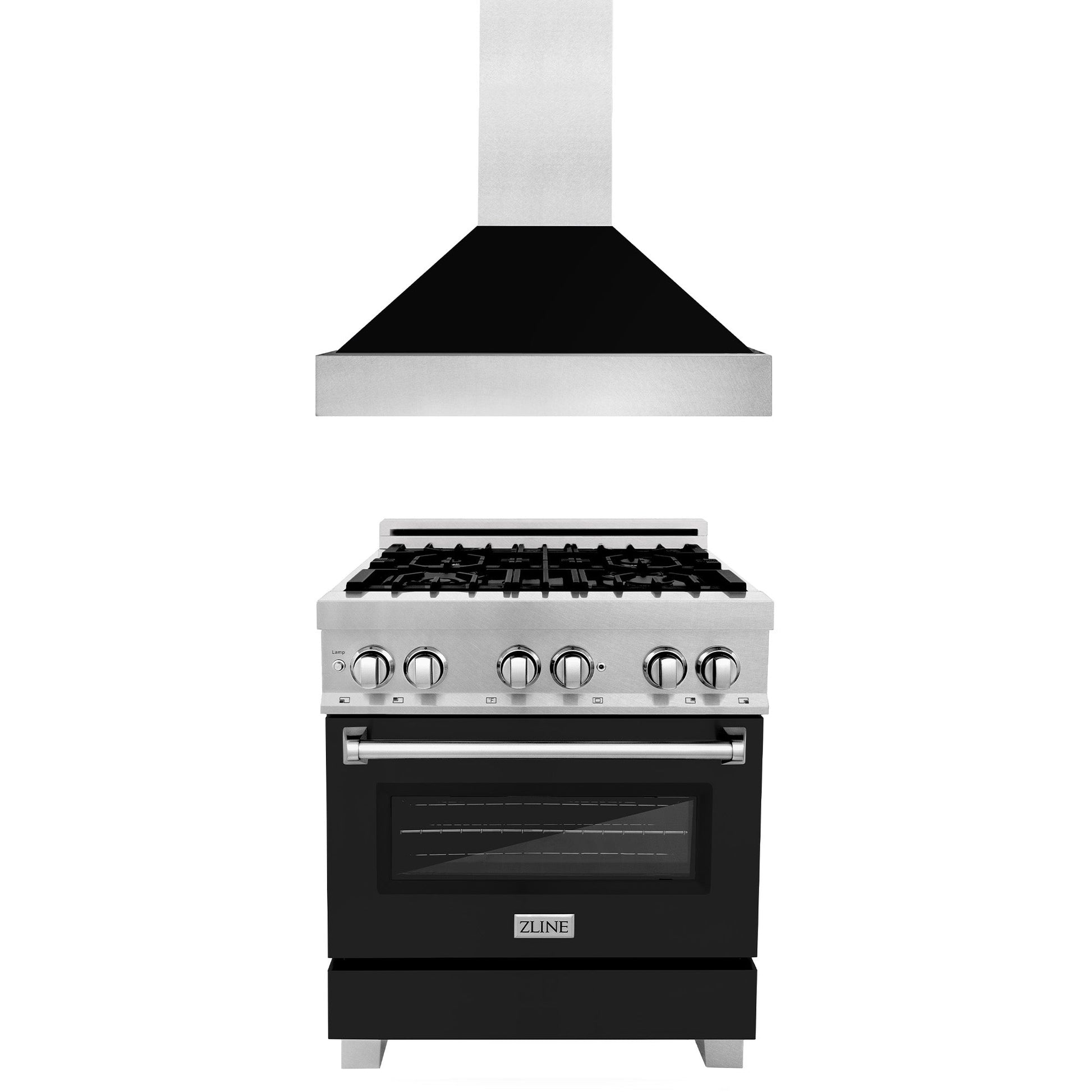 ZLINE 30 in. Kitchen Package with Fingerprint Resistant Stainless Steel Dual Fuel Range with Black Matte Door and Convertible Vent Range Hood (2KP-RASBLMRH30) 