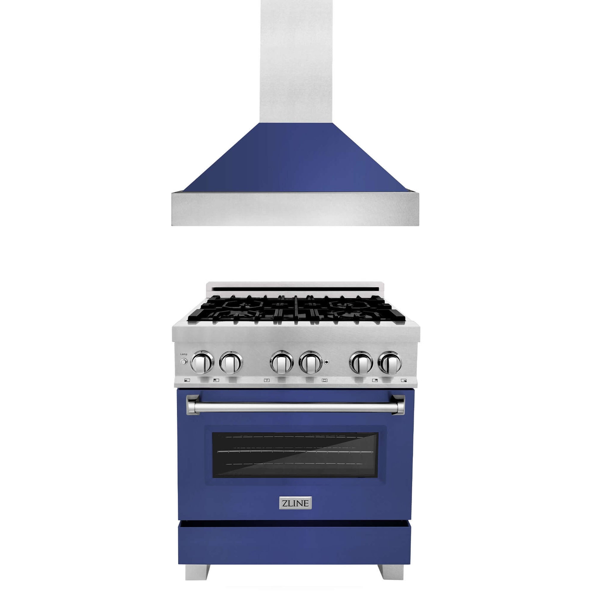 ZLINE 30 in. Kitchen Package with DuraSnow® Stainless Steel Dual Fuel Range with Blue Matte Door and Convertible Vent Range Hood (2KP-RASBMRH30) 