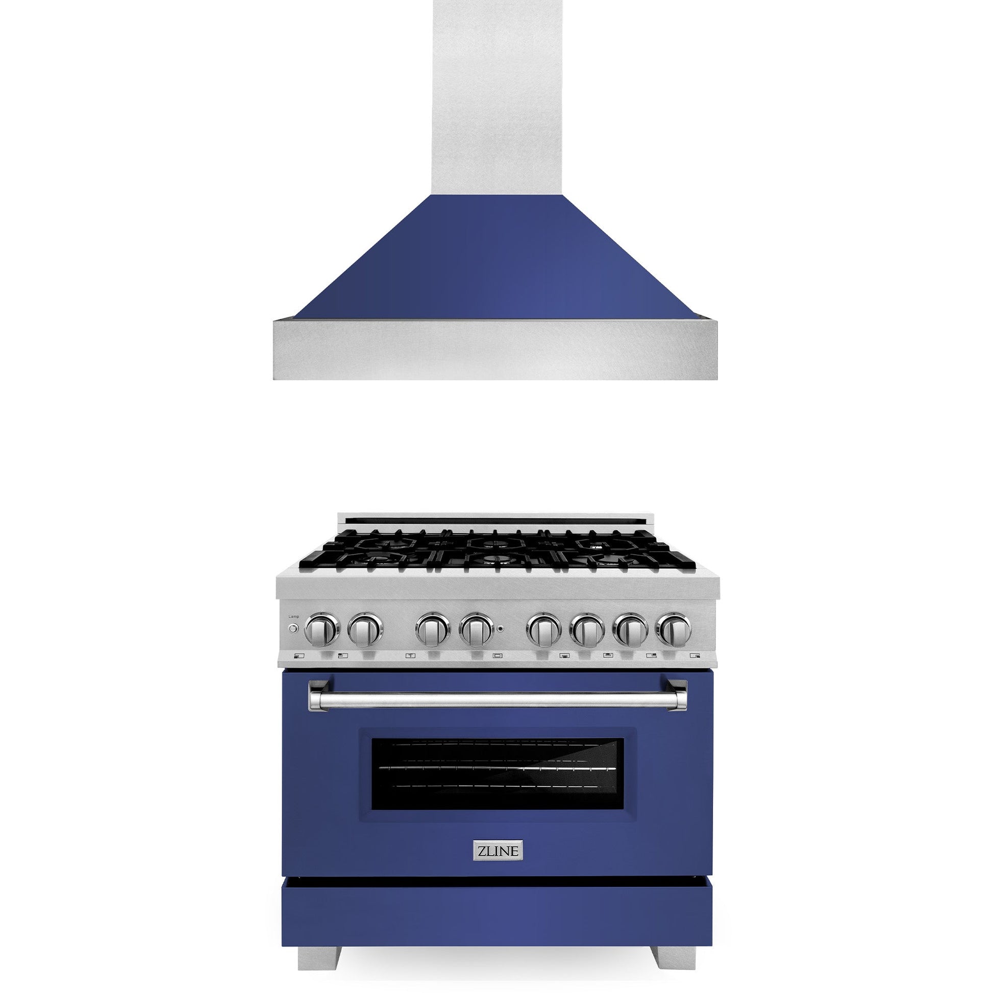 ZLINE 36 in. Kitchen Package with DuraSnow® Stainless Steel Dual Fuel Range with Blue Matte Door and Convertible Vent Range Hood (2KP-RASBMRH36) 