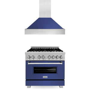 ZLINE 36 in. Kitchen Package with Satin Stainless Steel Dual Fuel Range with Blue Matte Door and Convertible Vent Range Hood (2KP-RASBMRH36)