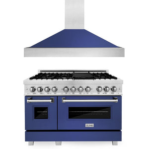 ZLINE 48 in. Kitchen Package with Satin Stainless Steel Dual Fuel Range with Blue Matte Doors and Convertible Vent Range Hood (2KP-RASBMRH48)