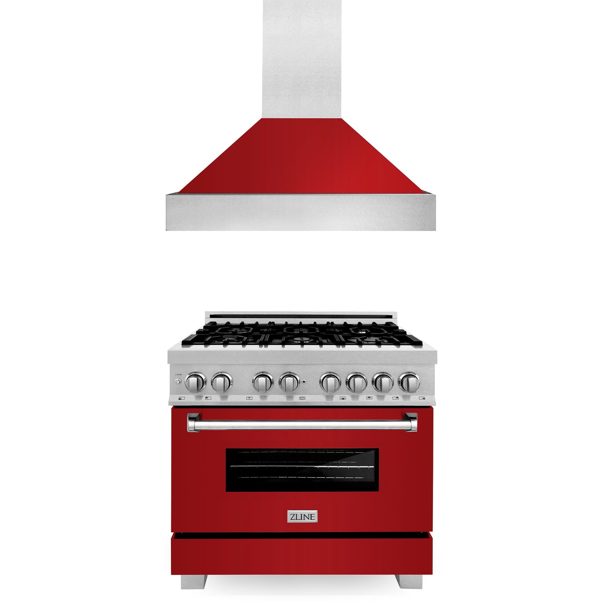 ZLINE 36 in. Kitchen Package with DuraSnow® Stainless Steel Dual Fuel Range with Red Gloss Door and Convertible Vent Range Hood (2KP-RASRGRH36) 